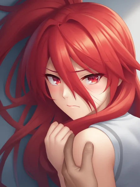uncensored, score 9 up, score 8 up,
,groping,
 <lora:[ohlia] Artist Style PonyXL:1>,ohliastyleponyxl, 1girl, hair between eyes, red hair, red eyes,