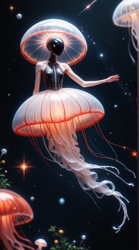 score_9, score_8_up, score_7_up, score_6_up, <lora:JellyfishHybridPDXL:1>Silver gradienting to Scarlet jellyfishhybrid, a hybrid between a jellyfish and a human, Elemental knight, 1girl, depth of field, One Arm Akimbo, no legs, in location along a comet trail streaking through space, best quality, masterpiece quality