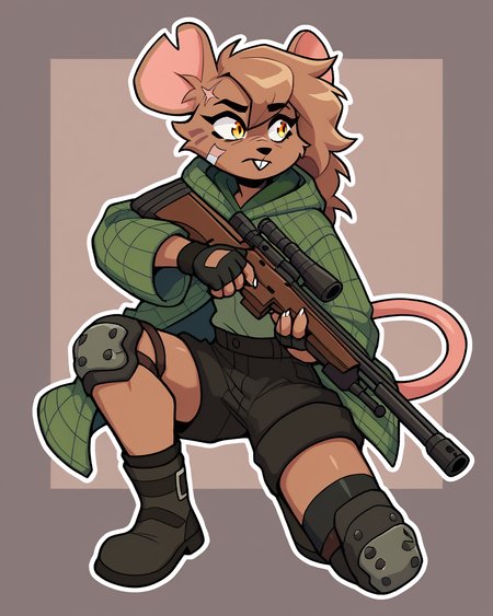 score_9_up, score_8_up, score_7_up, score_6_up, by remanedur, female, mouse, yellow eyes, facial scar,  bandaid on face, notched ear,  face paint, brown hair, tail, brown fur, boots, black shorts, green jacket, buckteeth, single knee pad, single thighhigh, fingerless gloves, cargo shorts, holding gun, ranged weapon, rifle, green hoodie, solo, open jacket, three-quarter view, simple background, white outline, <lora:Leah_Pines(AIM)_XL_v1:0.15> <lora:PDXL_artist_tags_v2_big:0.5> <lora:The-Minuscule-Task_PDXL_v1.0:0.6>  <lora:Leah_Pines_v2_WirelessShiba:0.7>