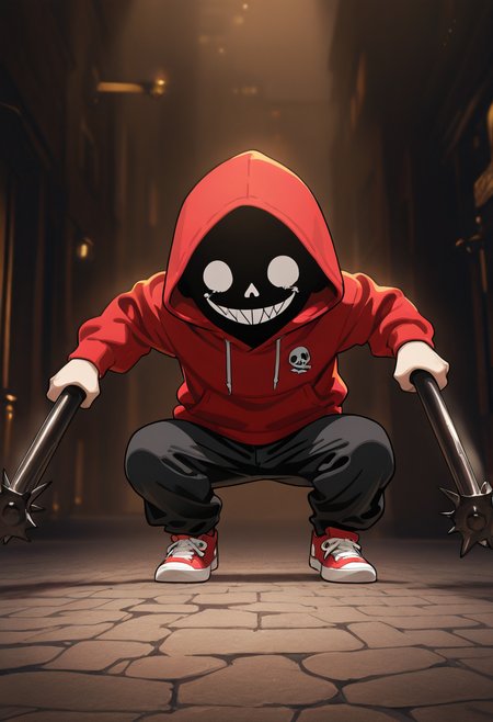 high contrast, masterpiece, best quality, amazing quality, very aesthetic, promotional art, newest, volumetric lighting, hyper detailed.
chibi, 1boy, child, solo, wide shot, malicious smile, squat, red hoodies, holding banger, Jolly Roger, loose pants, black pants, red sneakers, black pant, paris street.