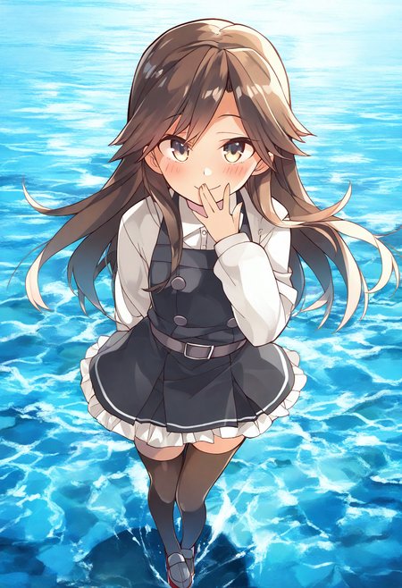 (masterpiece, best quality, highres, absurdres, very detailed, very aesthetic:1.22), (detailed eyes), arashio kai ni \(kancolle\), 1girl, smile, full body, detailed scenery, blush, hand over own mouth,   <lora:komowata_haruka_ct15v_1-04:1>