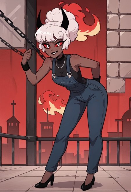 score_9, score_8_up, score_7_up,
masterpiece, best quality, detailed, amazing quality,
detailed background, flames, weapons, city night
detailed eyes, clean eyes, 
dynamic pose, full body, leaning forward,
solo, 1woman, woman,
easynegative,
c4rl4_c4rm1n3, white hair, dark skin, red white eyes, black horns,
smirk, evil, black overalls, chains