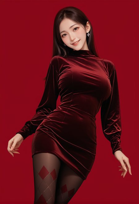 1girl,red background,,ruanyi0965,short dress,black pantyhose,argyle legwear,dress,<lora:0965 Home wear 12_v1_pony:1>, score_9, score_8_up, score_7_up, score_6_up, score_9, score_8_up, score_7_up, score_6_up source_anime, blush, 1girl, seduce smile, perfect body , natural huge breasts
