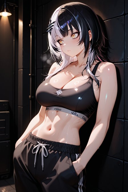 lazypos, 1girl, solo, multicolored hair, white hair, black hair, yellow eyes, hair ornament, dark theme, darkness, high contrast, fron side, looking to the side, leaning back, against wall, black sports bra, cleavage, midriff, sweat, shiny skin, linea alba, (abs:0.6), black pants, sweatpants, hands in pockets, Shiori Novella <lora:detail_slider_v1_000000450:5> <lora:TrendCraft_The_Peoples_Style_Detailer-v1.0A-3_13_2025-illustrious:0.2>