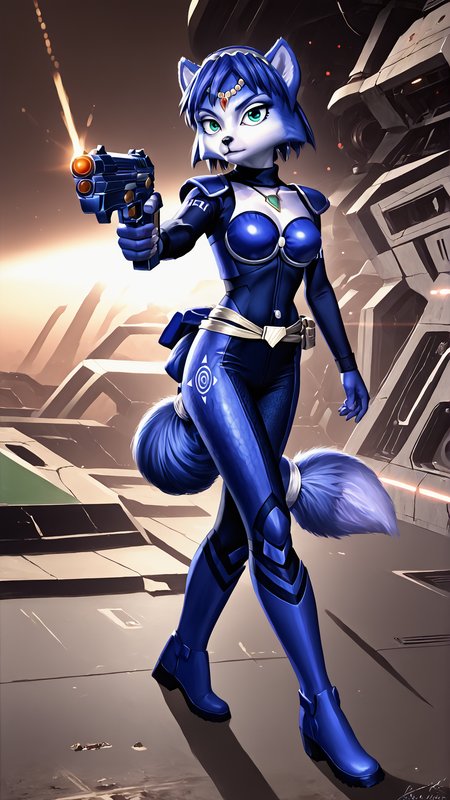<lora:Krystal_Starfox_PonyXL:0.8> 1girl, Krystal, Assault, holding gun, energy gun, battlefield, spaceship, tail, <lora:RealisticAnime:0.8> (ultra realistic, 32k, masterpiece:1.2), (high detailed skin:1.1), (high quality:1.1), bokeh, luminescent background, score 9, score 8 up, score 7 up, score 6 up, score 5 up, score 4 up, BREAK,