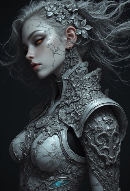 Silver statue of a woman, her skin composed of delicate, textured silver flakes, with chrome and glass flowers intricately woven into her hair, her eyes gleaming with a warm, bluish light, wearing a majestic, windy-blown ornate gown with tattered, silver petals, reminiscent of a dark, dystopian world, her face and shoulders illuminated by a soft, ambient glow, as if radiating an otherworldly energy. In the styles of Royo's dark, mystical realism, Artgerm's hyper-detailed, metallic sheen, and Lovecraft's eerie, atmospheric tension, with meticulous attention to intricate textures, dramatic shading, and a sense of haunting, ethereal beauty.
