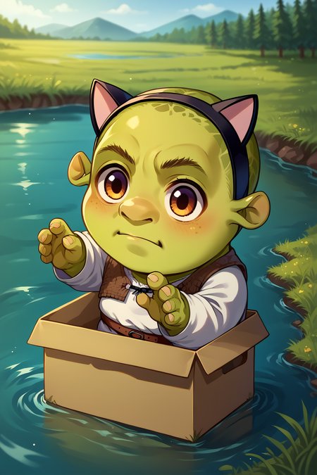 score_9, score_8_up, source_anime, solo, <lora:boxed_potat_v1:1> b0xe,chibi,in box,  <lora:Shrek_XLPD:1> shrek, green skin, cat ears, river, outdoors, water, fake animal ears