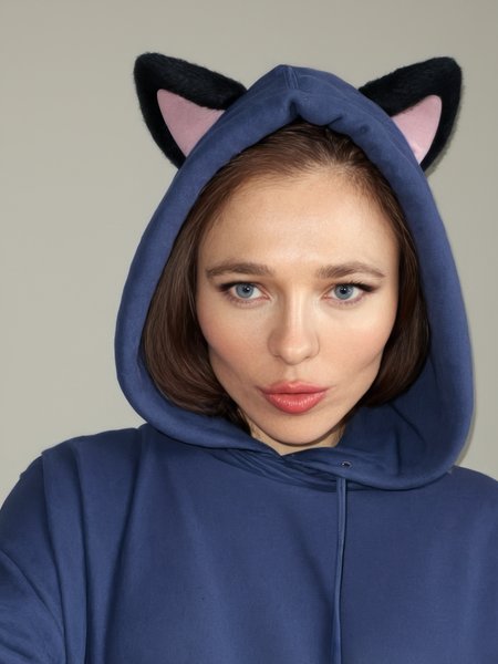 nina_kraviz, cat ears, oversized hoody, shy look