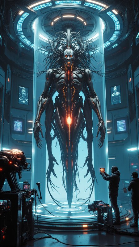 A hyper-realistic scene set inside a high-tech laboratory on an alien planet. In the center of the room stands a large, bio-mechanical creature suspended in mid-air by glowing force fields. Its body is a fusion of organic muscle and synthetic machinery, with cybernetic limbs and glowing veins of energy running through its flesh. Around the creature, scientists in exo-suits operate complex mechanical arms and surgical instruments, making adjustments to the hybrid organism. Nearby, a sleek, humanoid robot with chrome plating and glowing blue eyes monitors the operation. The room is filled with high-tech equipment, holographic displays showing the creatureâs vital signs, and a soft blue light emanating from the machines. The contrast between the cold, sterile lab environment and the living, breathing hybrid creature creates a sense of tension and awe<lora:Sci-fi_env_flux:0.7> <lora:RetroAnimeFluxV1:0.7>