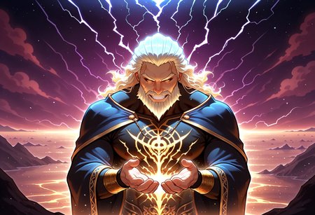(masterpiece, ultra-detailed, chiaroscuro, cinematic lighting, dark fantasy, lthndrtrl, h0rr0rstyl3, heavy shadows), Zeus cloaked in tempest, eyes lit with searing violet fire. Lightning, a prismatic storm of chaos, surges from his hands to the sea below, where a lone ship battles fate. His luminous beard and windswept hair shimmer with otherworldly energy. A god’s silent verdict rendered from above. Surreal sky, thunderous presence, symbolic judgment, high-impact lighting, visceral detail