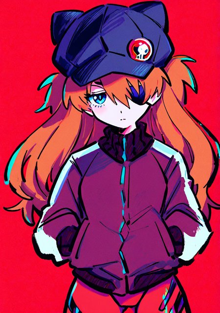 masterpiece, best quality, very aesthetic BREAK  1girl, solo, hat, long hair, hands in pockets, jacket, (eyepatch), half-closed eyes, souryuu asuka langley, animal hat, plugsuit, looking at viewer, red hair, blue eyes 
<lora:noob05-kiato-unet only-feb18-step00002464:1>