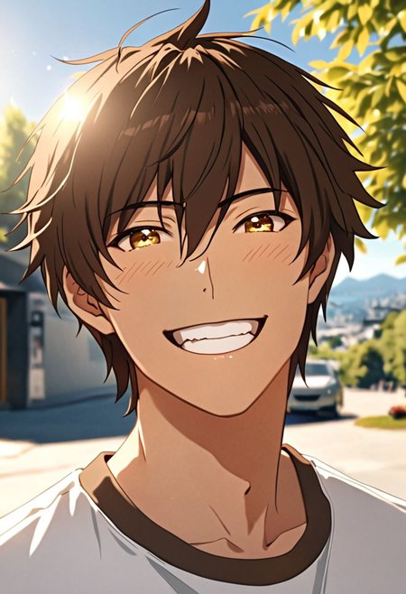 Highres, Masterpiece, High Quality, 4K, 8K, solo, 1Boy, Seiya Kanie, short dark brown hair, golden eyes, sunny weather, sunshine, potrait, laughing, looking at viewer, easynegative, detailed_eye_model