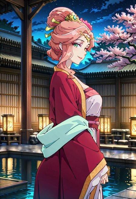 score_9, score_8_up, score_7_up, 1girl, solo, Gyokuyou, pink hair, long hair, single hair bun, green eyes, hair ornament, losing dress, side boobs, hanfu, makeup, side view, looking at viewer, seductive smile, dynamic angle, onsen, sexy_attire, warm atmosphere, intimate ambiance, detailed background, cherry blossom, night, highly detailed, cowboy shot