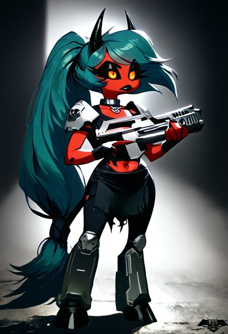 (score_9, score_8_up, score_7_up), PRSNL_3_1, HCSV1, illustration, ((cartoon)), hand drawn, ((masterpiece)), (furry art, uploaded on e621, 4k, fine details, (subtle soft details), (female), ((imp)), gloves, demon girl, (red skin mottled with white spots), imp tail, black pupils, black sclera, ((black ram horns)), short stature, 1girl, (((very long light teal hair tied into a ponytail:1.4))), dark teal highlights, ((purple slave collar)), black puffy lips, black eyeliner, ((detailed orange eyes)), ((dynamic pose)), plump, cute, beautiful, ((black sclera:1.4)), orange iris, Detailed hand, medium breasts, cleavage, curvy, pink fingerless gloves, large iris, hooves, fur on ankles around hooves, medium bulge, solo, (((holding a rifle with both hands, m41apls))), Helldivers, in a futuristic, armored suit. The armor is predominantly dark gray with pink accents at the shoulder plates, knee pads, and boot heels, It's a sleek design with segmented plates suggesting both flexibility and protection, (cyberpunk city outskirts, cable, standing, scales, road, outcasts, black background, walking, car, horizon, decay, dystopian, cinematic lighting, vivid colors, futuristic chestplate, loincloth, covered navel,