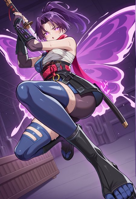 1girl, high ponytail, purple hair, purple eyes, glowing eyes, ninja, sleeveless, scarf, asymmetrical clothes, japanese clothes, chest sarashi, obi, o-ring, gauntlets, fingerless gloves, thighhighs, toeless footwear, tabi, indoors,  factory, sweat, butterfly wings, fighting stance, holding katana, flying, chestnut mouth, from below <lora:Weeb_psylocke:1>, masterpiece, best quality, amazing quality, very aesthetic, absurdres, highres, newest