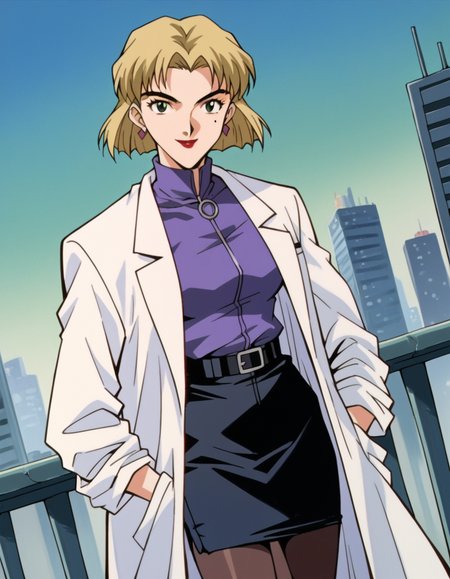 score_9, score_8_up, score_7_up, source_anime,
ritsukoakagi,  <lora:ritsuko-akagi-classic-ponyxl-lora-nochekaiser:1>,
ritsuko akagi, short hair, blonde hair, mole, mole under eye, parted bangs, green eyes,
lipstick, skirt, jewelry, pantyhose, earrings, belt, pencil skirt, labcoat, shirt, purple shirt, turtleneck, zipper,
cityscape, smile,
cowboy shot, looking at viewer, solo, dutch angle,
