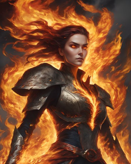 portrait, viewed from above and side, woman with fire-elemental powers, Blazing inferno , Roaring blaze , Leaping flames , Pulsating flames , Fierce blaze