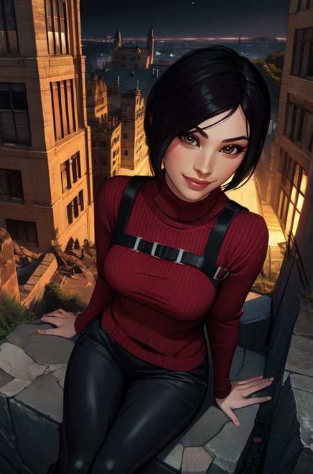 Ada,  black hair, brown eyes,  short hair, 
red sweater,  black pants, 
sitting,  smile,  from above, 
night,  outdoors,  ruins,  
(insanely detailed, beautiful detailed face, masterpiece, best quality),
 <lora:AdaWong:0.8>
