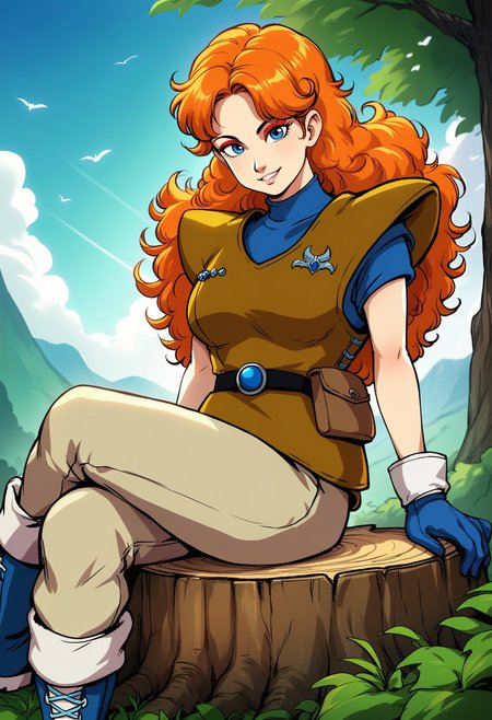 score_9, score_8_up, score_7_up, score_6_up, source_anime, <lora:DBExtraGirl02Pa:0.9>, DBExtraGirl02Pa, blue eyes, long hair, orange hair, curly hair, red eyeshadow, large breasts,
brown armor, blue undershirt, blue gloves, beige pants, blue boots, black belt, belt pouch,
sitting on tree stump, upper body, portrait, crossed legs, looking at viewer, smile, 
BREAK day, sunlight,