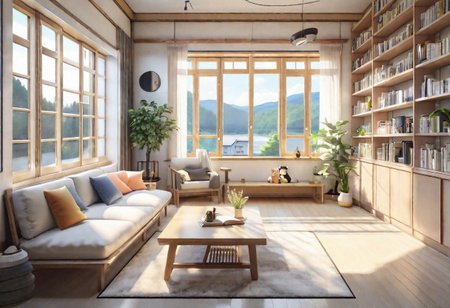 anime-style, modern-style interior, with white walls and large windows, Nordic-style furniture, a  study, Sofa, coffee table, bookcase, single wall, 
warm light morning sun, the view of the city