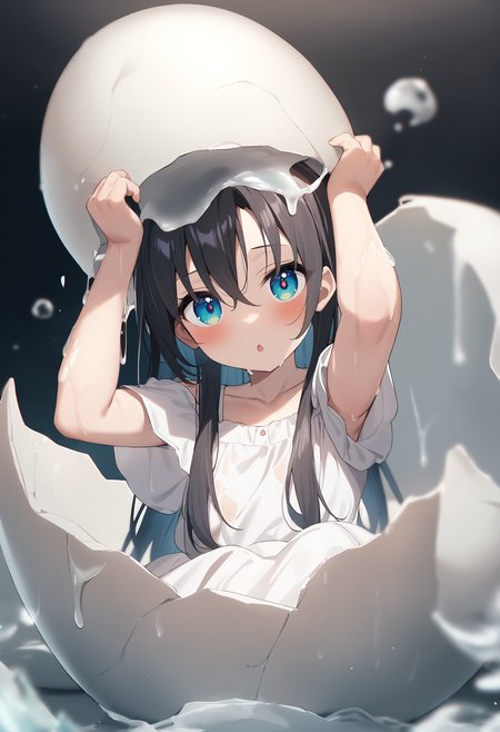 1girl,sincos, ningen mame, toosaka asagi,
hatching, eggshell, looking at viewer, open mouth, arms up, crack, slime (substance), suggestive fluid, hands up, white dress, ,wet,wet clothes, wet hair, <lora:hatching_XL_v1:0.8>
best quality, very aesthetic, absurdres,