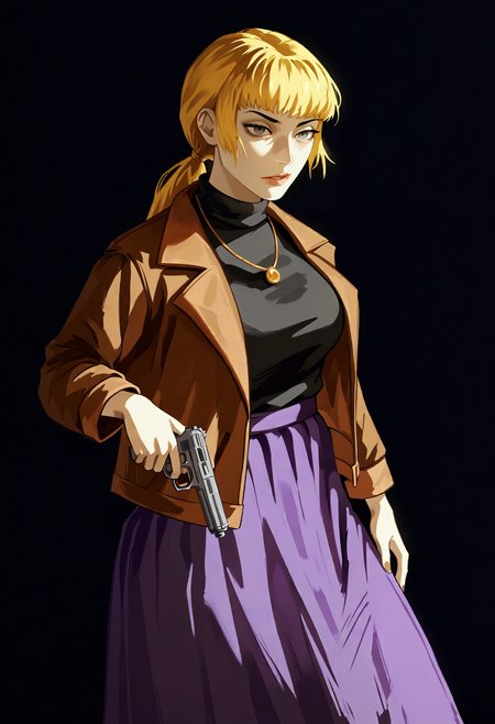 score_9, score_8_up, score_7_up, score_6_up, score_5_up, score_4_up,
BREAK
1girl, blonde hair, low ponytail, grey eyes, bangs, karin funger, half-closed eyes,
BREAK
solo, brown jacket, purple skirt, long skirt, black sweater, large breasts, holding handgun, pistol,
BREAK
black background, simple background, dynamic pose, dark, <lora:Lunas-Uqi32-SDXL-A1:1> <lora:Lunas-Karin-Funger-SDXL-A1:1>