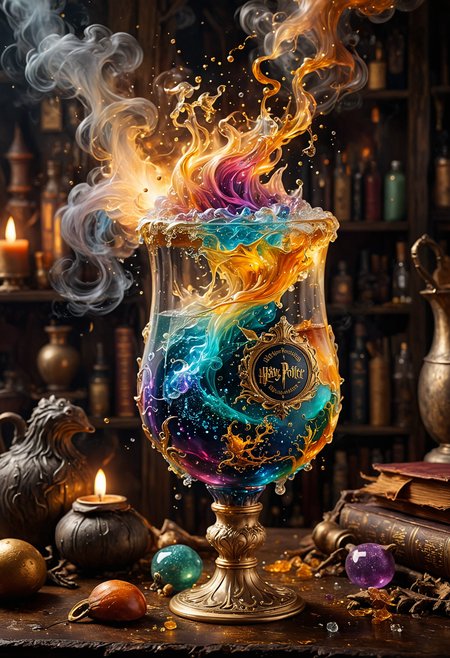 A mesmerizingly bubbling coktail evoking the essence of Harry Potter, every element brimming with magical whimsy: swirling colors reminiscent of Hogwarts houses, bubbling cauldron emitting mysterious steam, and shimmering golden flecks hinting at hidden enchantments. The intricate details of potion ingredients like mandrake roots and unicorn hair are exquisitely captured in a captivating painting that transports viewers to the wizarding world. This stunning image masterfully combines fantasy with realism, showcasing the highest level of artistry and imagination.
OverallDetailXL  <lora:SDXLFaeTastic2400:0.4>  <lora:DetailMaximizer:0.7> detailmaximizer <lora:MJ52:0.3>