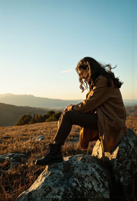 NyxBorne. A photo-realistic shoot from a profile camera angle about a person sitting on a rock in a field during sunset, with long hair blowing in the wind. the image also shows a serene and contemplative atmosphere. on the middle of the image, a 1woman, who appears to be in her early twenties, with a slim body and long, wavy black hair, is sitting with her back to the camera, facing away from the viewer. she is wearing a brown jacket and brown pants, and black boots. her expression is not visible, but her hair is blowing gently, creating a sense of movement and energy. the background features a distant mountain range and a clear blue sky, adding to the peaceful and serene atmosphere of the scene. the lighting is soft and warm, casting gentle shadows across the landscape, and the overall effect is one of tranquility and solitude.