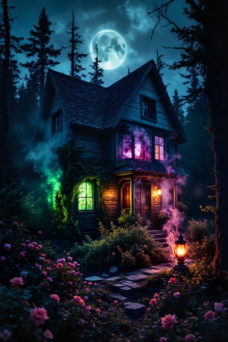 A witch's cottage sits in a dead forest, its windows glowing with sickly green light. The building seems partially alive, with walls made of twisted wood that moves slightly. Poisonous flowers of impossible colors grow in the garden, while bubbling cauldrons emit clouds of rainbow-colored smoke. Corrupted wildlife with glowing eyes lurks in the shadows of dead trees. , detailed background  Fantastic lighting. Detailed shadows.intricate details, vivid colors, hyper-detailed, ultra-sharp, High resolution, high detail. Highly detailed. <lora:OBæç«å¾äººåæå½±Instant camera portrait photography V2.0:1.0>, <lora:Dark side of light:0.55>, <lora:aidmaFLUXPro1.1-FLUX-v0.3:1.0>, <lora:Glitchcore_Flux:0.8>,