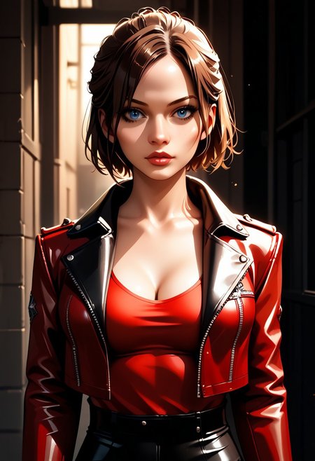 score_9,score_8_up,score_7_up,source_anime, Claire Redfield,1girl,solo,breasts,looking at viewer,short hair,shirt,brown hair,jacket,upper body,solo focus,open jacket,lips,red jacket,realistic,leather,leather jacket,