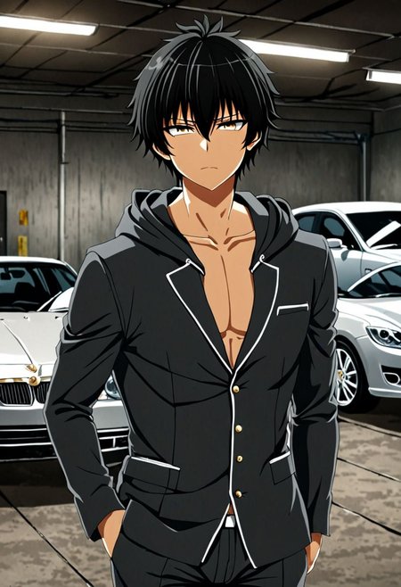 high resolution, solo, best quality, 1Boy, Seiya Kanie, black hair, short hair, thin, lounge suit, hoodie, car garage, OverallDetail