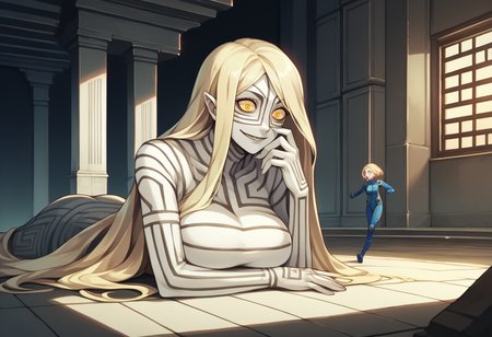 score_9, score_8_up, score_7_up, source_anime, indoors, night, temple, BREAK
1girl, upper body, evil smile, wide-eyed, on stomach, head on hand, <lora:zs_AsherahXL:1> asherasmt, long hair, blonde hair, yellow eyes, colored skin, white skin, large breasts, giantess BREAK
1girl, full body, running, <lora:zs_ZeleninXL:1> zeleninsmt, blonde hair, blue eyes, short hair, bodysuit, open mouth, surprised