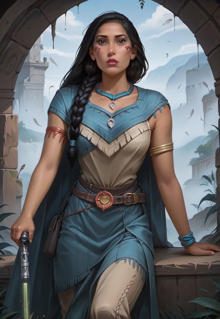 safe_pos, ((zPDXL3)), OZRN, digital art, score_9,score_8_up,score_7_up,score_6_up, face focus, waist-up portrait, absurdres, masterpiece, high res, detailed, 
1girl, solo, beautiful, sexy, (((DisneyPocahontas, 1girl, black hair, black eyes, long hair, dark skin, long hair, native american, dark skin, feathers, hair ornament, jewelry, necklace, tribal, headdress, armlet, braid, bracelet, black hair, black eyes, long hair, dark skin))), necklace, feathers, lips, dark skin, Native American, (d4rkr3v4n4rm0r, navy-blue robe, cape, hood down, breastplate, gauntlets, belt, pants, belt boots), ((holding lightsaber, green lightsaber)), calm expression, makeup, beautiful woman, action pose,
BattleDamage, cuts, bruises,
in danger, distressed, alarmed, (combat stance), 
dramatic, danger, dutch angle, dof, prairie background, perfect, Hand, detailed, perfection, hands, 
<lora:bastilashan:1> <lora:Battle_Damage:0.3> <lora:hand 4:0.5>