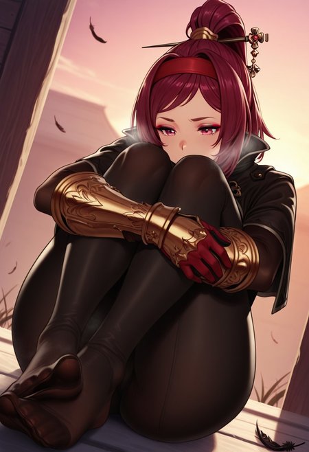 nikichen,  outdoors, undershirt, falling feathers, black bodysuit, hair stick, hugging own legs, , gauntlets,   eyeshadow,   red gloves,  high ponytail,  , black capelet, red hairband, pink eyes, 1girl, solo, feet, visible breath,   dynamic angle, foreshortening, smell, steam,