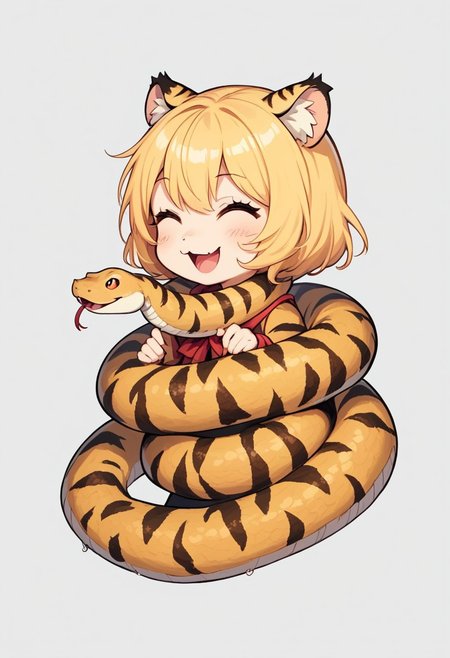score_9, score_8_up, score_7_up, best quality, fine detail, 1girl, solo, cute, (tiger girl chibi laughing), very detailed background), (((large snake wrapped around body))), from side, happy, playing, in the jungle, fog, wet, visually interesting, vivid colors, dark shadows, highest quality,