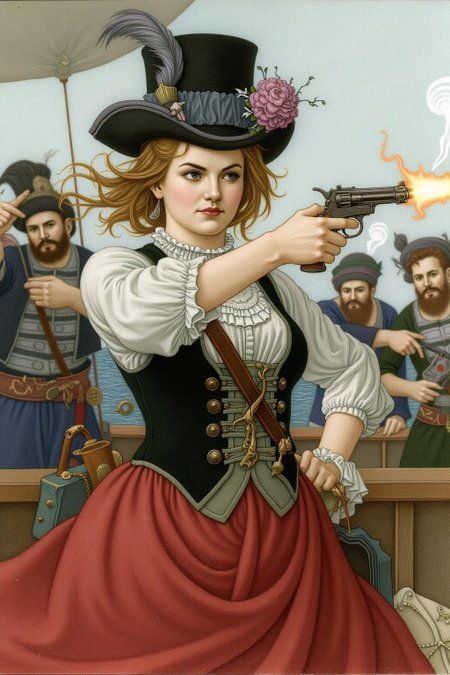 olgadugina1 illustration. 
A young woman's determined face, hair whipping slightly as she fires her pistol, smoke billowing forth. Her top hat, black vest, and flowing red skirt evoke a sense of Victorian-era elegance amidst the chaos of a pirate ship in battle, with men clashing in the background, blurred motion capturing the intensity of the scene.  <lora:olgadugina2_cap_d6a3e9:1.0><lora:858117251780362755:0>