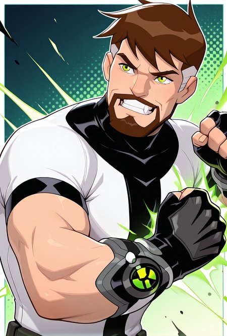 <lora:ben10k-10:1> ben10k, brown hair, male focus, facial hair, beard, short hair, mustache, mature male, muscular, green eyes, white shirt, turtle neck,  full facial hair,, two-tone hair, black gauntlet on right arm, fingerless gloves, glowing green  symbol on gauntlet, angry, smile, clenched teeth, punching, raised one arm, clenched fist, solo,, masterpiece, best quality, amazing quality, very aesthetic, absurdres, newest,, upper body, halftone effect, white borders, abstract background:1.2,