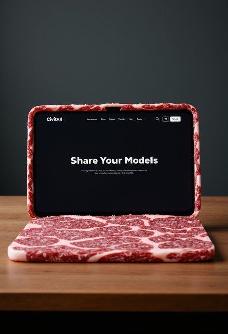 A laptop made entirely of meat, sitting on an office desk. The laptop displays a dark themed website with the text: "CivitAI  - Share Your Models"
