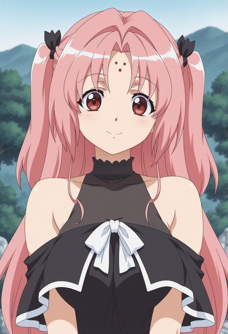 1girl,solo,mm,mature female,pink hair,long hair,two side up,red eyes,forehead mark,hair ribbon,anime coloring,
,black dress,bare shoulders,upper body, looking at viewer, smile, outdoors
,masterpiece,best quality,amazing quality,<lora:Miharu_Sena_Kanaka-Girls_Bravo-IL_r1:0.8>