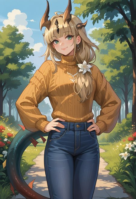 score_9, score_8_up, source_anime, 1girl, solo, ReedTFS, long hair, ponytail, hair flower, hair over shoulder, horns, hair ornament, dragon tail, outdoors, sweater, ribbed sweater, jeans, hands on hips, smile, <lora:ChamReedTFSPonyXL:1>