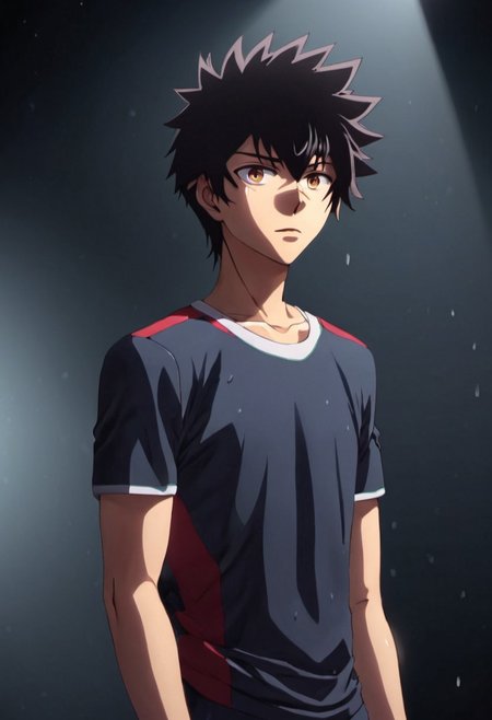 high resolution, solo, best quality, 1Boy, Kanata Hoshijima, Black hair, Brown Eyes, Interrogation, spotlight, sweat, silence,