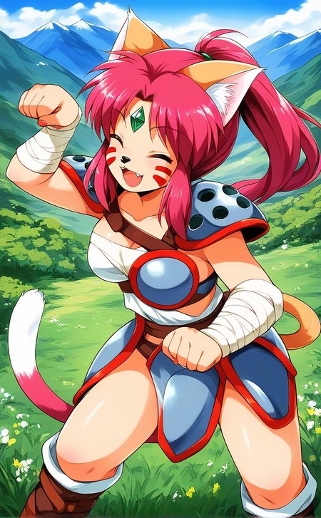 score_9, score_8_up, score_7_up, source_anime, rating_explicit, BREAK  <lora:Ryuquir_XL:1> Ryuquir, animal ears, tail, cat ears, facial mark, cat tail, closed eyes, ponytail, red hair, long hair, pink hair, cat girl, breasts, forehead jewel, green jewel,
mountain, sky, smile, open mouth,ãnose tape,ãpaw pose,
 shoulder armor, solo, weapon, armor,  furry,  grass, dagger, boots, looking at viewer, outdoors, fingernails,  shoulder pads,