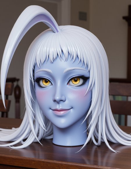<lora:headonly-flux:1> h3adonly, <lora:real-lora:1> ultrarealistic photo of the head and neck of <lora:Lala-flux-000008:1> lala sitting on a table, with long white hair, yellow eyes with (black sclera:1.2), blue skin, and light pink lips. She is looking slightly up at the viewer and has a shy smile.  <lora:rMada - Enhance - beta2:.5>
