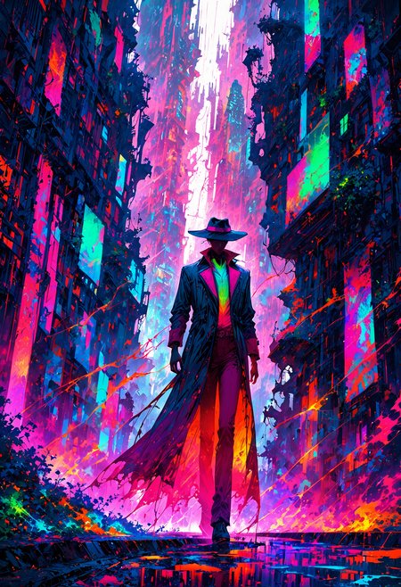 A mystical cityscape, rendered in vibrant, neon-drenched oils on a worn, distressed canvas, evoking the nostalgia of 80s retrofuturism. Towering skyscrapers, adorned with retro-tech finials, pierce the smog-choked sky, as tendrils of dark, ethereal energy writhe through the streets like living vines. Amidst the eerie, pulsing glow, a lone figure in a trench coat and fedora navigates the rain-soaked alleys, pursued by whispers of ancient, forbidden knowledge. The palette is a mesmerizing cocktail of hot pink, electric blue, and acid green, with flashes of fiery orange and deep, foreboding indigo.
OverallDetailXL <lora:MJ52:0.3>  <lora:EpicF4nta5yXL:0.7>