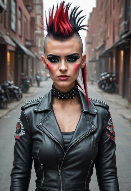 NovaBiker, 1girl, Mohawk, makeup, biker, leather