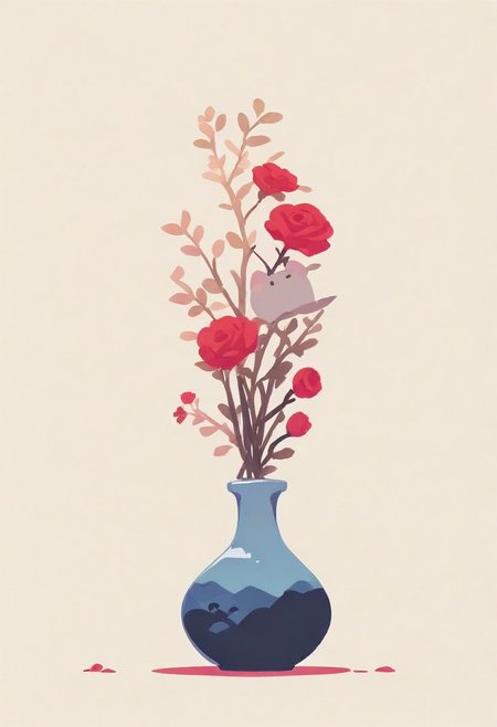 simple background, beige background, jumping gray cat, vase in the back, rose, 
BREAK 
masterpiece, best quality, good quality, very awa, very aesthetic, absurdres, newest, (Perfect details),(****), haiz_ai, no lineart,no outline,
