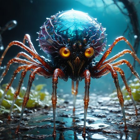 bioengineered glass spider monster, many legs, spindly legs, lots of eyes, (transparency:1.4), (detailed cybernetic implants fused with organic matter), visible organs, visible brain, full body, hundreds of tiny eyes,  (with intensely vibrant swirling colors:1.3), realistic photo,  artialien, looking at viewer