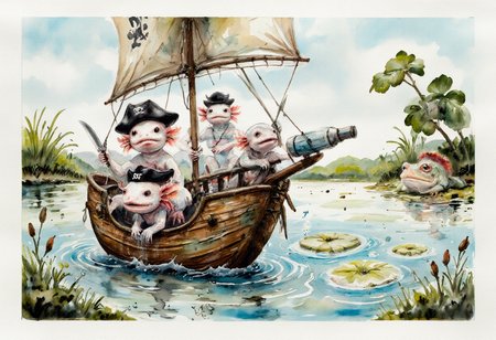 Watercolor painting of, axolotls on a pirate ship made of leaves and twigs, navigating stormy waters in a pond. They wear tiny pirate hats and wield toothpick swords. One axolotl, the captain, stands proudly at the helm made from a bottle cap, while another peers through a bottle cap telescope, trying to spot land. The ship rocks precariously as ripples threaten to capsize it, and a third axolotl clings to the mast, adjusting a leaf sail that flaps wildly in the wind. In the distance, a giant frog sits on a lily pad, watching their adventure curiously., the axolotls have pink frilly gills and round black eyes