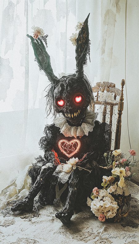 By the sunlit window, a shadow grew,
A demon’s form in daylight’s view.
A heart-shaped mark burned bright on its chest,
Evil adorned in daylight's jest.

Its sharp teeth glistened, a jagged grin,
Red eyes glowing with fire within.
Long rabbit ears rose, twitching high,
As it watched the calm of the daytime sky.

Darkness lingered, though the world was bright,
A wicked omen in the morning light.
