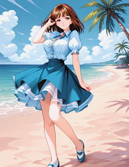 score_9, score_8_up, score_7_up, source_anime, masterpiece, high quality, 1girl,
 <lora:ShirakawaReiko_Pony_v01:1> shirakawareiko, brown hair, brown eyes, shirt, puffy sleeves, brooch, skirt, shoes,  large breasts, beach, blue sky, :D, looking at viewer, palm trees